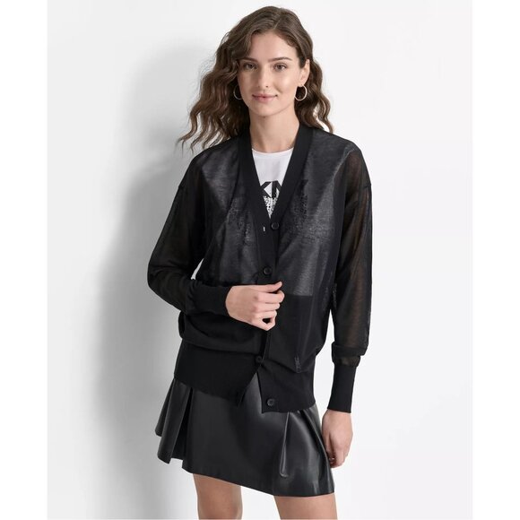 DKNY Womens Button-Front Lightweight Sheer Cardigan Black Szs L/M NWT - Picture 5 of 6